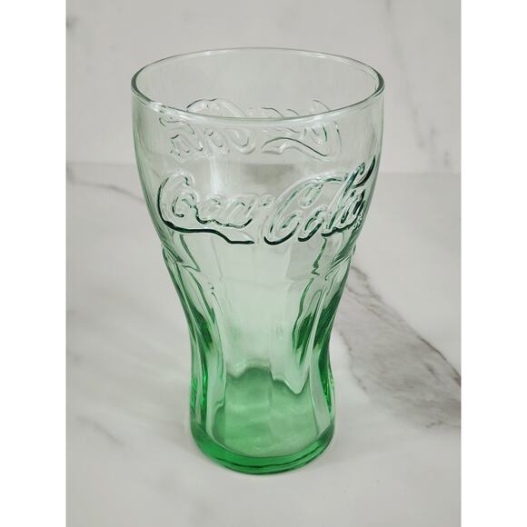 Coca Cola Libbey Drinking Glasses 17oz Embossed 6" Retro Glass Green Brown x3 - Picture 4 of 12
